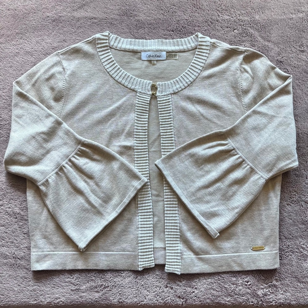 Calvin Klein Women Beige Bell Sleeve Cropped Cardigan Sweater Size L